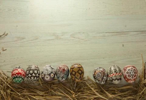 Easter eggs on wooden background Stock Photos