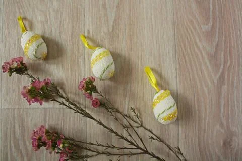 Easter eggs on wooden background Stock Photos