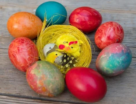 Easter eggs on wooden background Stock Photos