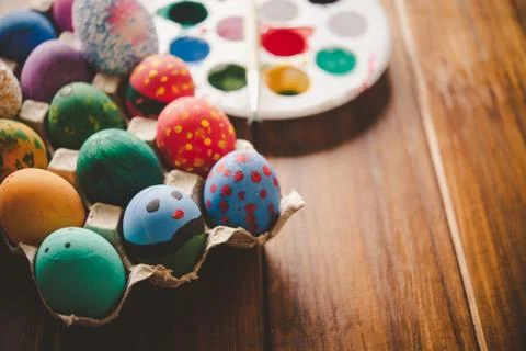 Easter eggs on wooden background Stock Photos