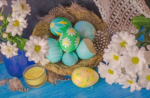 Easter eggs on wooden background 스톡 사진