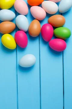 Easter eggs on wooden background with space Stock Photos