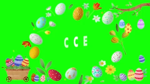 Easter eggs in wooden cart with spring flowers and branches on green screen Stock Footage 343908598
