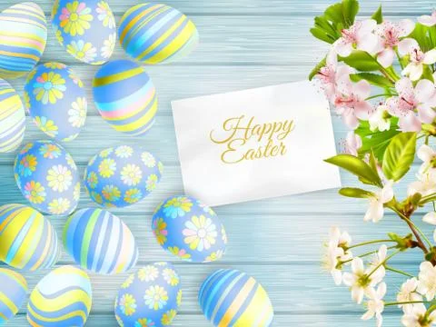 Easter eggs on the wooden table. EPS 10 Stock Illustration