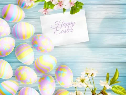 Easter eggs on the wooden table. EPS 10 Stock Illustration