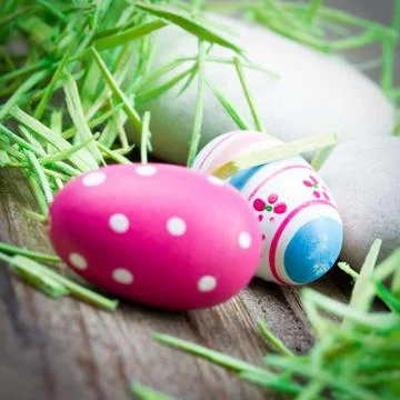 Easter eggs on wooden table Stock Photos