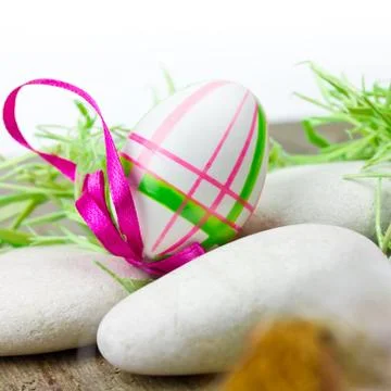 Easter eggs on wooden table Stock Photos