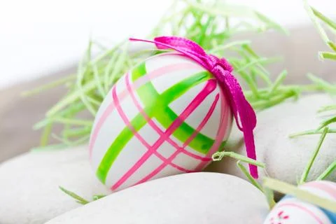 Easter eggs on wooden table Foto stock