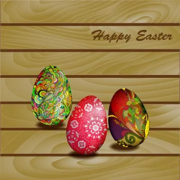 Easter eggs on a wooden wall background Stock Illustration