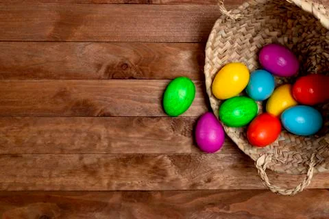 Easter eggs yellow, pink, green, blue and orange. Stock Photos