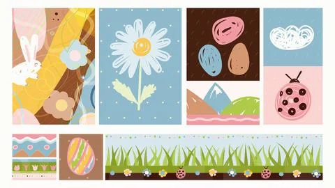 Easter Eggs,Bunny,Flower,Grass, Vector Set Stock Illustration