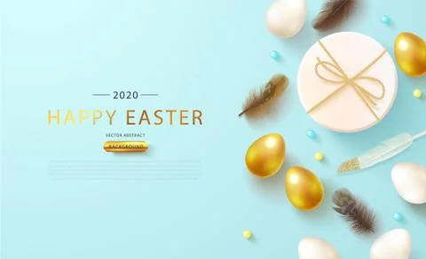 Easter eggs,gift box and feathers on blue background.Happy Easter greeting web Stock Illustration
