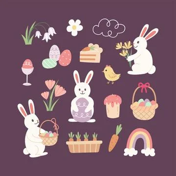 Easter element vector set. Cute flat bunny, chick, egg, flower and carrot 스톡 일러스트