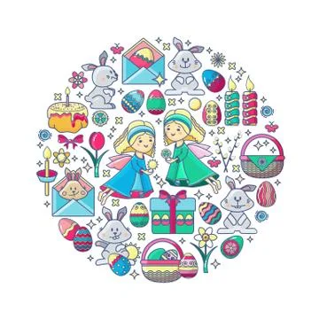 Easter elements arranged in circle. Vector Angel, gift, egg. Illustrazione stock