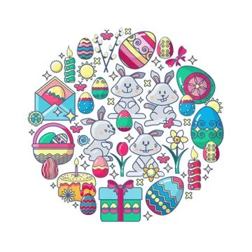 Easter elements arranged in circle. Vector Bunny, gift, egg. Illustrazione stock