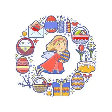 Easter elements arranged in circle. Vector Angel, gift, egg. Stockillustratie