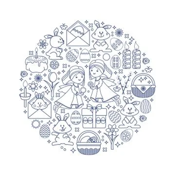Easter elements arranged in circle. Vector linear Angel, egg. Illustrazione stock