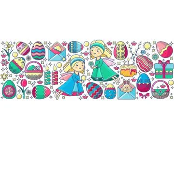 Easter elements arranged in strip. Vector Angel, gift, egg. Illustrazione stock