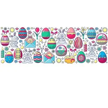 Easter elements arranged in strip. Vector colorful egg, Bunny. 库存插图