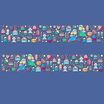 Easter elements arranged in strip. Vector cilirful Angel, Bunny. 스톡 일러스트