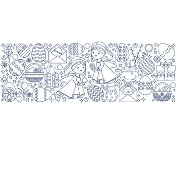 Easter elements arranged in strip. Vector linear Angel, egg. Stockillustratie