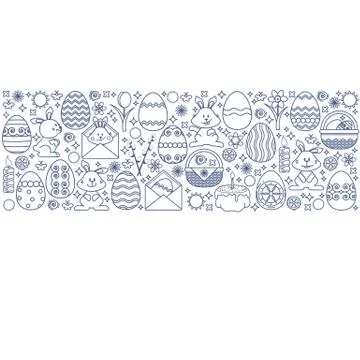 Easter elements arranged in strip. Vector linear egg, Bunny. Stock Illustration