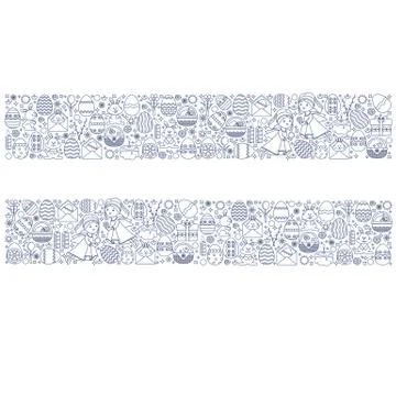 Easter elements arranged in strip. Vector linear Angel, Bunny. Illustrazione stock