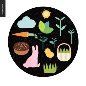 Easter elements on the black round background Stock Illustration