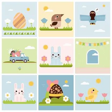 Easter Elements Set,Bunnies, Eggs, Chicks and Holiday Decorations Stock Illustration