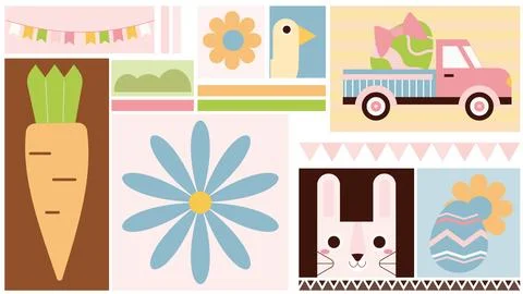 Easter Elements Set,Bunnies, Eggs, Chicks and Holiday Decorations Stock Illustration