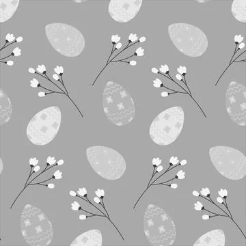 Easter endless pattern with grayscale Easter eggs and sprigs. Happy Easter 库存插图