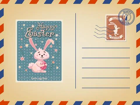 Easter envelope paper mail with a Easter Bunny, stamp, vintage. Vector Stockillustratie