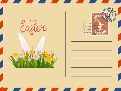 Easter envelope paper mail with a Easter Bunny ears, stamp, vintage. Vector Stockillustratie