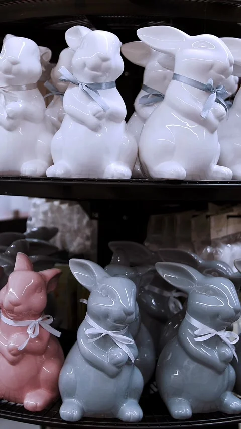 Easter fair. close-up. Easter bunny figurines. traditional european easter decor Stock Footage 313991030