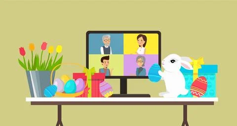 Easter family holiday, table with computer, white bunny,egg and gift. Online Stock Illustration