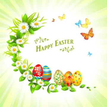 Easter festive background with flowers and eggs Stock Illustration