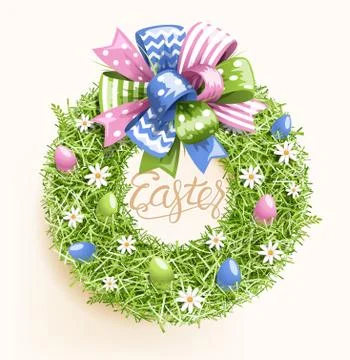 Easter Festive Grass Wreath with Bow Egg Flower on Beige Stock Illustration