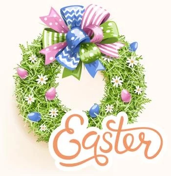 Easter Festive Grass Wreath with Bow on Beige Stock Illustration