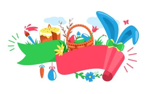 Easter Festive Ribbon Concept with Rabbit Wicker Basket Eggs Cake and Paint.. Stock-Illustration