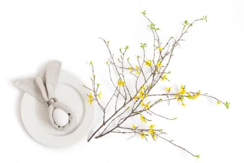 Easter festive spring table setting decoration. An egg on a gray napkin Stock Photos