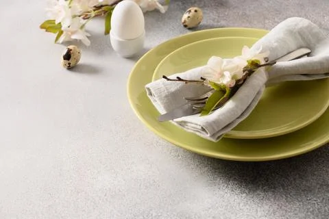 Easter festive table setting and spring decorations. Easter Buffet Menu. Stock Photos