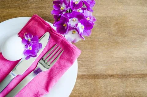 Easter Festive Table Setting With Fresh Flower. Stock Photos