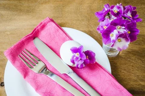 Easter Festive Table Setting With Fresh Flower. Stock Photos