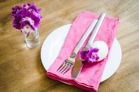 Easter Festive Table Setting With Fresh Flower. Stock Photos