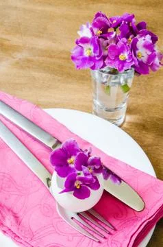 Easter Festive Table Setting With Fresh Flower. Stock Photos