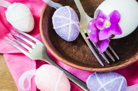 Easter Festive Table Setting With Fresh Flower. Stock Photos