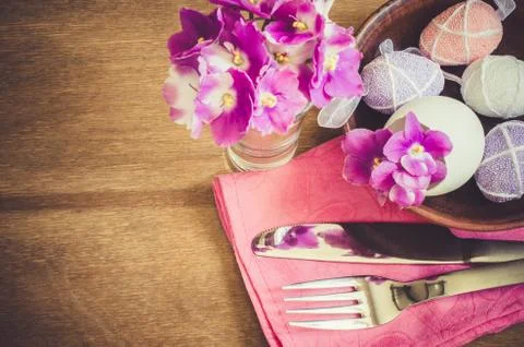 Easter Festive Table Setting With Fresh Flower. Stock Photos