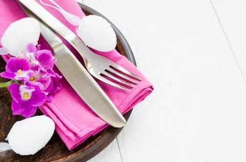 Easter Festive Table Setting With Fresh Flower. Stock Photos