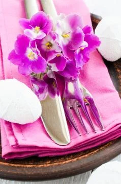 Easter Festive Table Setting With Fresh Flower. Stock Photos