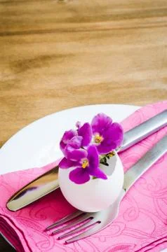 Easter Festive Table Setting With Fresh Flower. Stock Photos